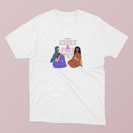Camiseta blanca con diseño de It's Mancho: Libres y fuertes